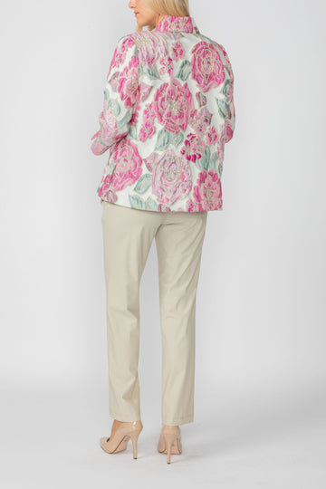 Pink Floral Embo Jacquard Stand Collard 3/4 Sleeve Jacket